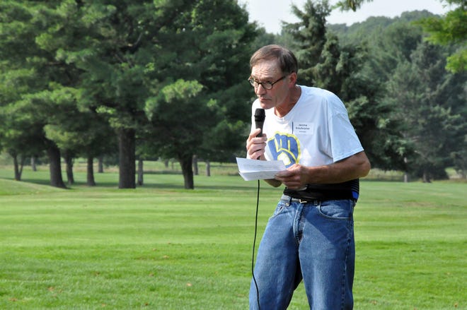Jerome Krautkramer, of Marathon City, speaks as the Easter Seal Wisconsin annual Skip Ellenbecker Memorial Golf Outing in Marathon, which directly benefits the FARM Program that helped Krautkramer.