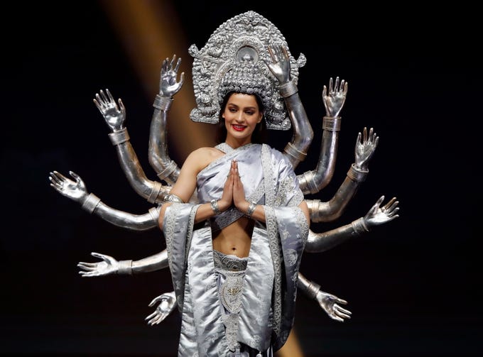 epa07222197 Miss Nepal Manita Devkota poses in her national costume during the Miss Universe 2018 national costume contest at Nongnooch International Convention and Exhibition Center in Pattaya, Chonburi province, Thailand, 10 December 2018. Women representing 94 nations participate in the 67th beauty pageant Miss Universe 2018 which will be held in Bangkok on 17 December 2018. EPA-EFE/RUNGROJ YONGRIT EDITORIAL USE ONLY ORG XMIT: RUN1382