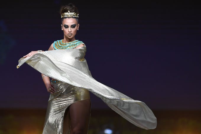 Nariman Khaled, Miss Egypt 2018 walks on stage during the 2018 Miss Universe national costume presentation in Chonburi province on December 10, 2018. (Photo by Lillian SUWANRUMPHA / AFP)LILLIAN SUWANRUMPHA/AFP/Getty Images ORIG FILE ID: AFP_1BH6T9
