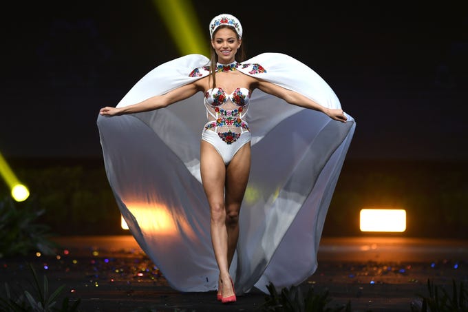 Eniko Kecskes, Miss Hungary 2018 walks on stage during the 2018 Miss Universe national costume presentation in Chonburi province on December 10, 2018. (Photo by Lillian SUWANRUMPHA / AFP)LILLIAN SUWANRUMPHA/AFP/Getty Images ORIG FILE ID: AFP_1BH7RE