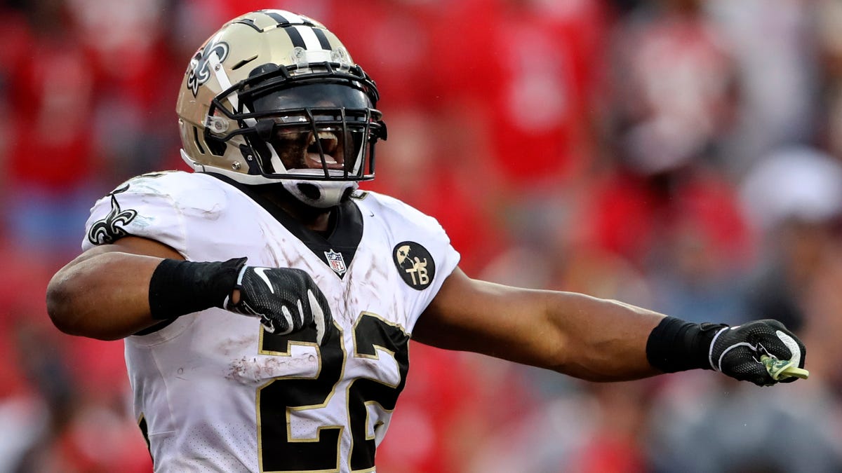 Mark Ingram celebrates after scoring a touchdown against the Buccaneers.