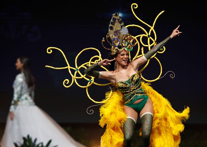 epa07222165 Miss Jamaica Emily Maddison poses in her national costume during the Miss Universe 2018 national costume contest at Nongnooch International Convention and Exhibition Center in Pattaya, Chonburi province, Thailand, 10 December 2018. Women representing 94 nations participate in the 67th beauty pageant Miss Universe 2018 which will be held in Bangkok on 17 December 2018. EPA-EFE/RUNGROJ YONGRIT EDITORIAL USE ONLY ORG XMIT: RUN1382