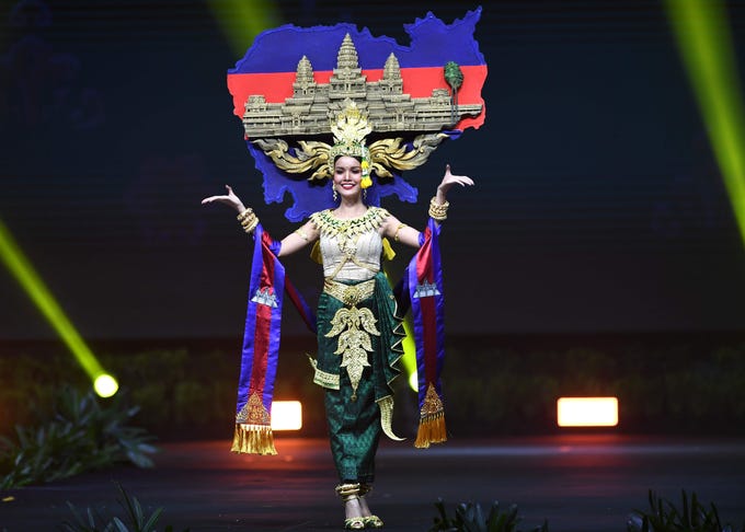 Nat Rern, Miss Cambodia 2018 walks on stage during the 2018 Miss Universe national costume presentation in Chonburi province on December 10, 2018. (Photo by Lillian SUWANRUMPHA / AFP)LILLIAN SUWANRUMPHA/AFP/Getty Images ORIG FILE ID: AFP_1BH6HX