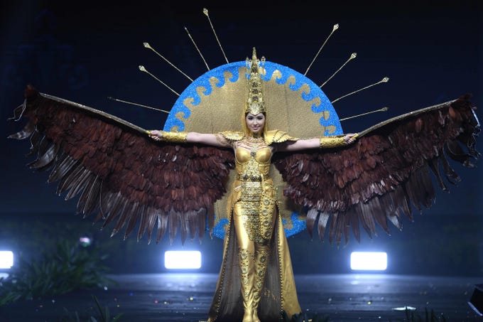 Sabina Azimbayeva, Miss Kazakhstan 2018 walks on stage during the 2018 Miss Universe national costume presentation in Chonburi province on December 10, 2018. (Photo by Lillian SUWANRUMPHA / AFP)LILLIAN SUWANRUMPHA/AFP/Getty Images ORIG FILE ID: AFP_1BH81O
