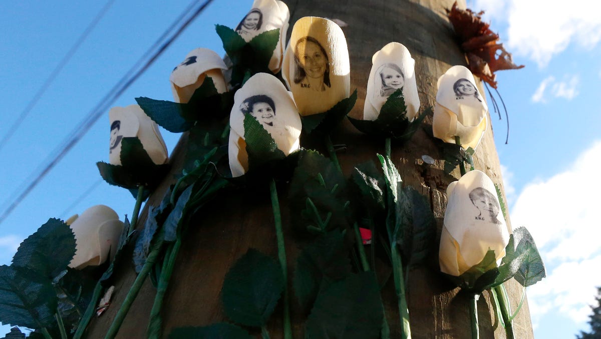 Roses with photos of shooting victims are posted on a light post at a makeshift memorial near the main intersection of the Sandy Hook village of Newtown, Conn., as the town continues to cope in the aftermath of the Sandy Hook Elementary School shooting, Wednesday, Dec. 19, 2012.
