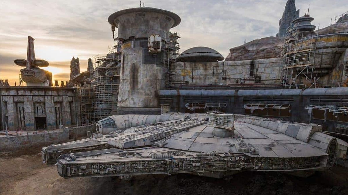 Han Solo's ship, the Millennium Falcon, appears ready to take flight in Star Wars: Galaxy's Edge, opening at Disneyland in summer 2019.