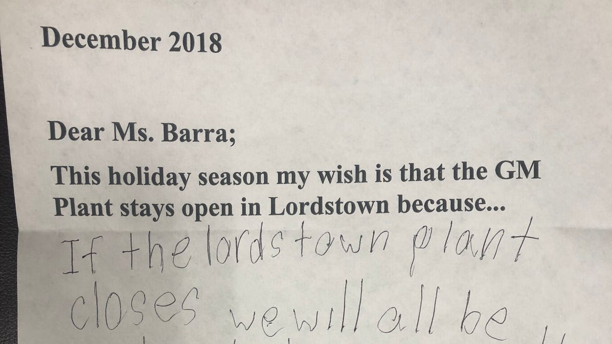One of the thousands of letters school children near Lordstown, Ohio wrote to GM CEO Mary Barra. GM announced it will stop allocating product to the plant, meaning it could close in 2019.