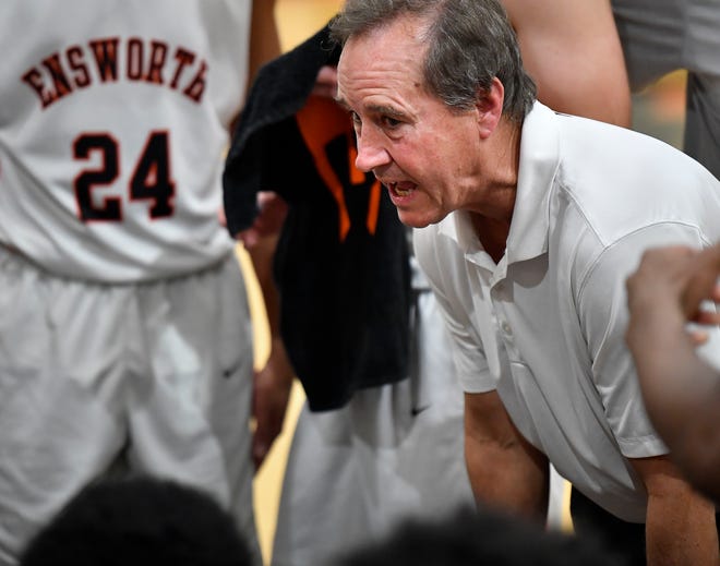 Ensworth head coach Ricky Bowers gives instructions to his players during their game against CPA at Ensworth High School Tuesday, Dec. 11, 2018, in Nashville, Tenn.