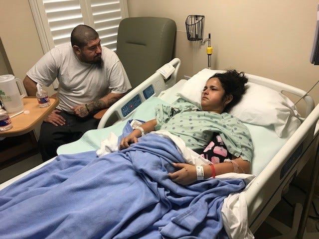 Yolanda Valencia resting at Shannon Medical Center while brother Raymond Joe Olveda is caring for her Wednesday, Dec. 12, 2018.