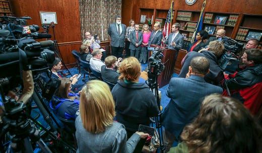 Kentucky Attorney General Andy Beshear speaks with the media after a Kentucky Supreme Court ruling that overturned Gov. Matt Bevin's pension reform bill.
December 13, 2018