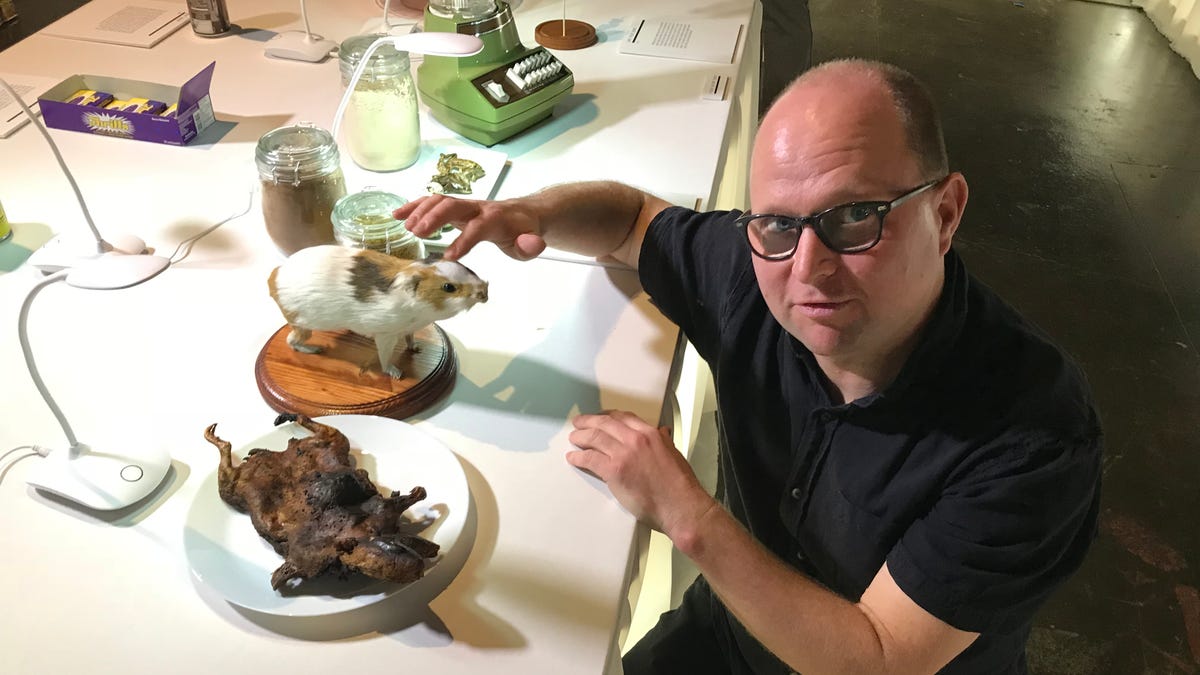 Sam West, curator of the Disgusting Food Museum in Los Angeles, pets a stuffed guinea pig with a roasted version of one on the plate next to him. It's a delicacy in parts of South America.