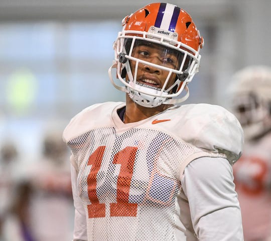 Clemson safety Isaiah Simmons (11) during practice for the Cotton Bowl at the Poe Indoor Facility in Clemson Friday, December 14, 2018.