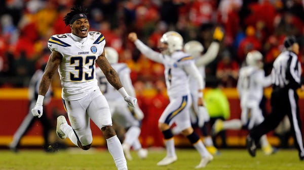 Los Angeles Chargers free safety Derwin James and...