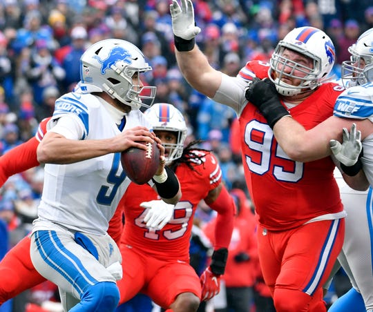 Bills defensive tackle Kyle Williams pressures Lions quarterback Matthew Stafford on a pass play in the second quarter on Sunday, Dec. 16, 2018, in Orchard Park, N.Y.