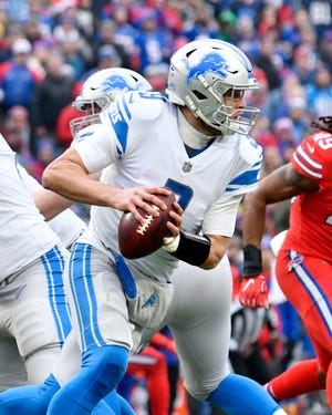 Lions quarterback Matthew Stafford runs out of the pocket in the second quarter on Sunday, Dec. 16, 2018, in Orchard Park, N.Y.
