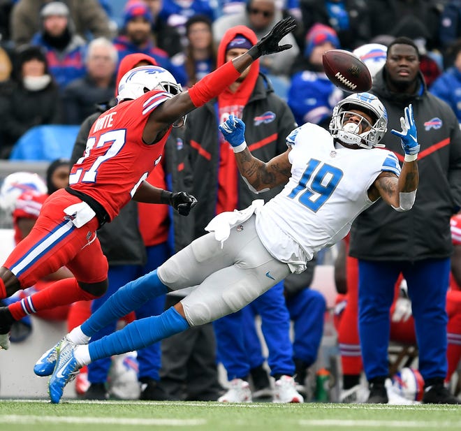 Lions wide receiver Kenny Golladay catches a pass against Bills cornerback Tre'Davious White during the first half Dec. 16, 2018, in Orchard Park, N.Y.