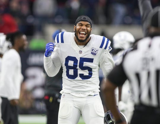Indianapolis Colts tight end Eric Ebron reacts after a play during the fourth quarter against the Houston Texans at NRG Stadium, Dec. 9, 2018 in Houston.