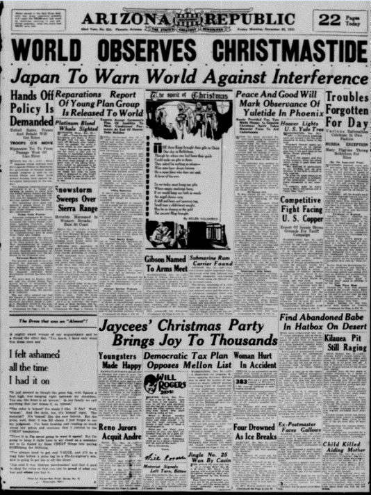 Hatbox Baby Found On Roadside Is One Of Arizona S Great Mysteries - arizona republic front page dec 25 1931