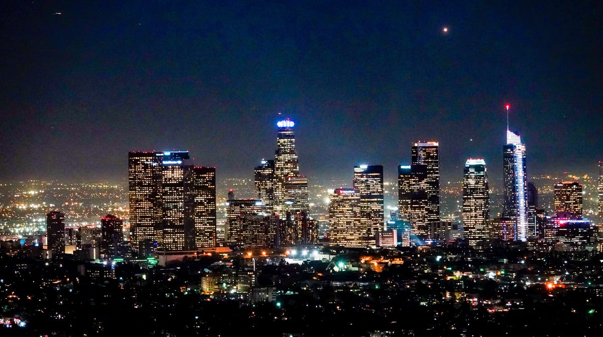 The downtown Los Angeles skyline, photographed from Griffith Park just after sunset.