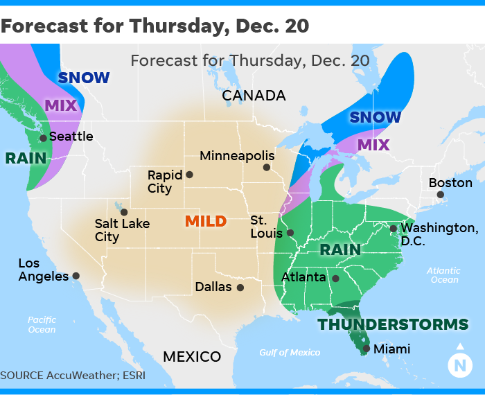 Christmas travel weather forecast Eastern rainstorm Thursday and Friday