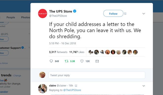 A screenshot of a tweet from the UPS Store's official Twitter account taken Dec. 17, 2018. The tweet has since been deleted.