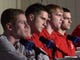 Wisconsin players, from left, Jon Bryant, Andy Kowske, Mark Vershaw and Mike Kelley, answer questions during their news conference at the NCAA West Regionals Friday, March 24, 2000, in Albuquerque.