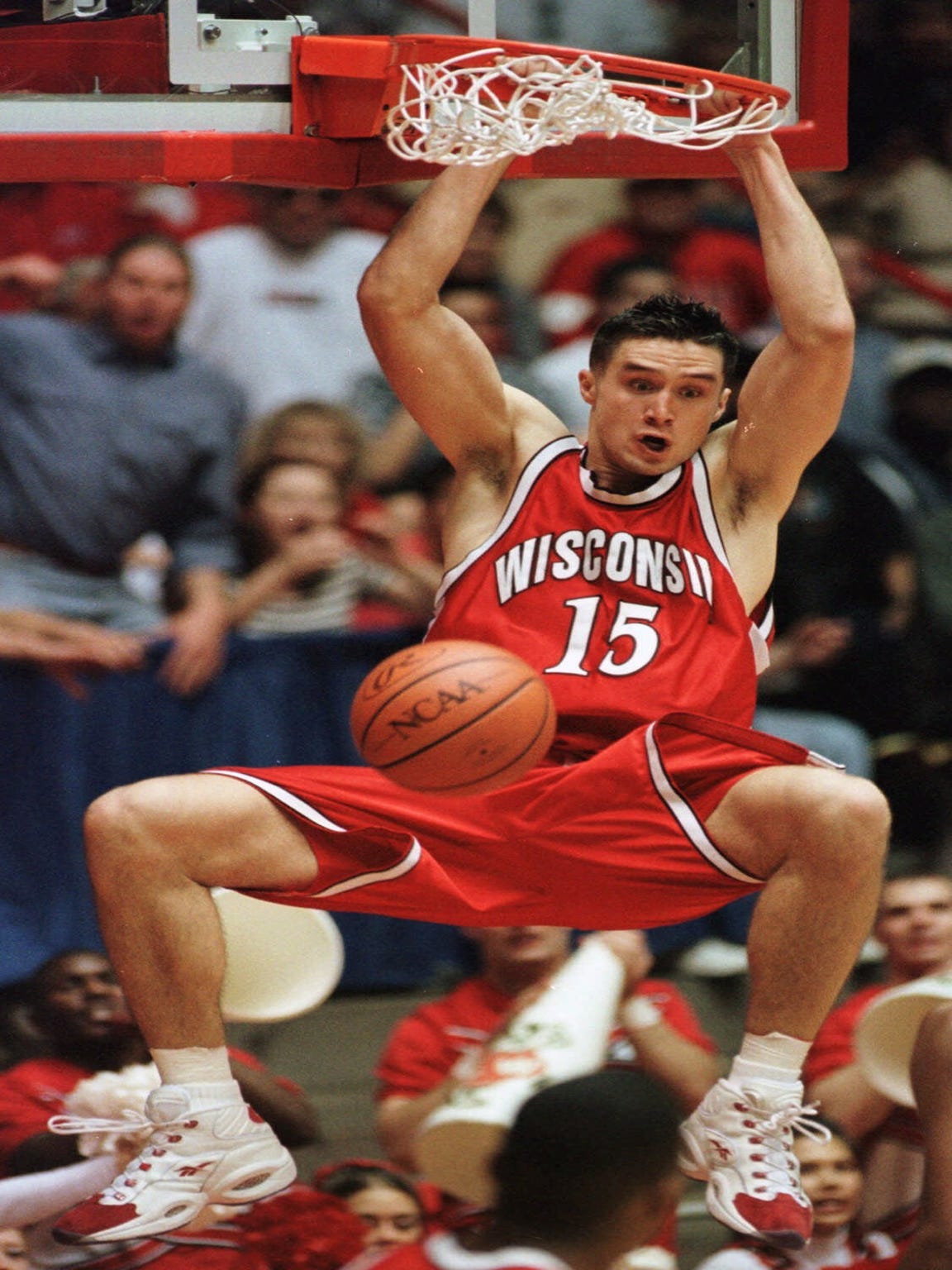 Wisconsin's Andy Kowske slams two points home during the second half against Purdue in the NCAA West finals Saturday, March 25, 2000, in Albuquerque, New Mexico.
