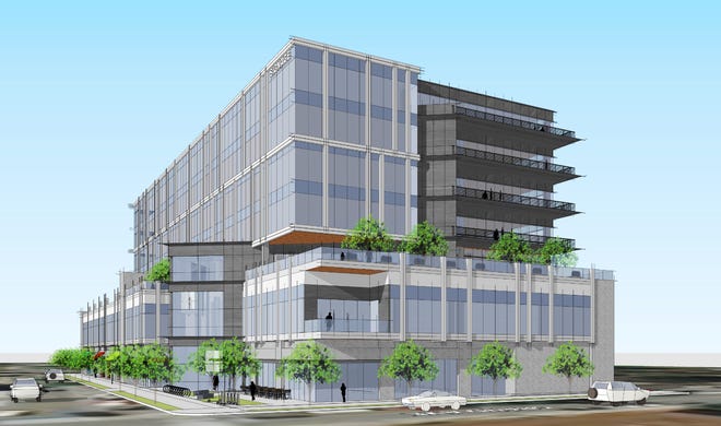 An early conceptual rendering of Hall Emery's planned seven-story, 164,000 square-foot office building at 17th and Grand avenues.