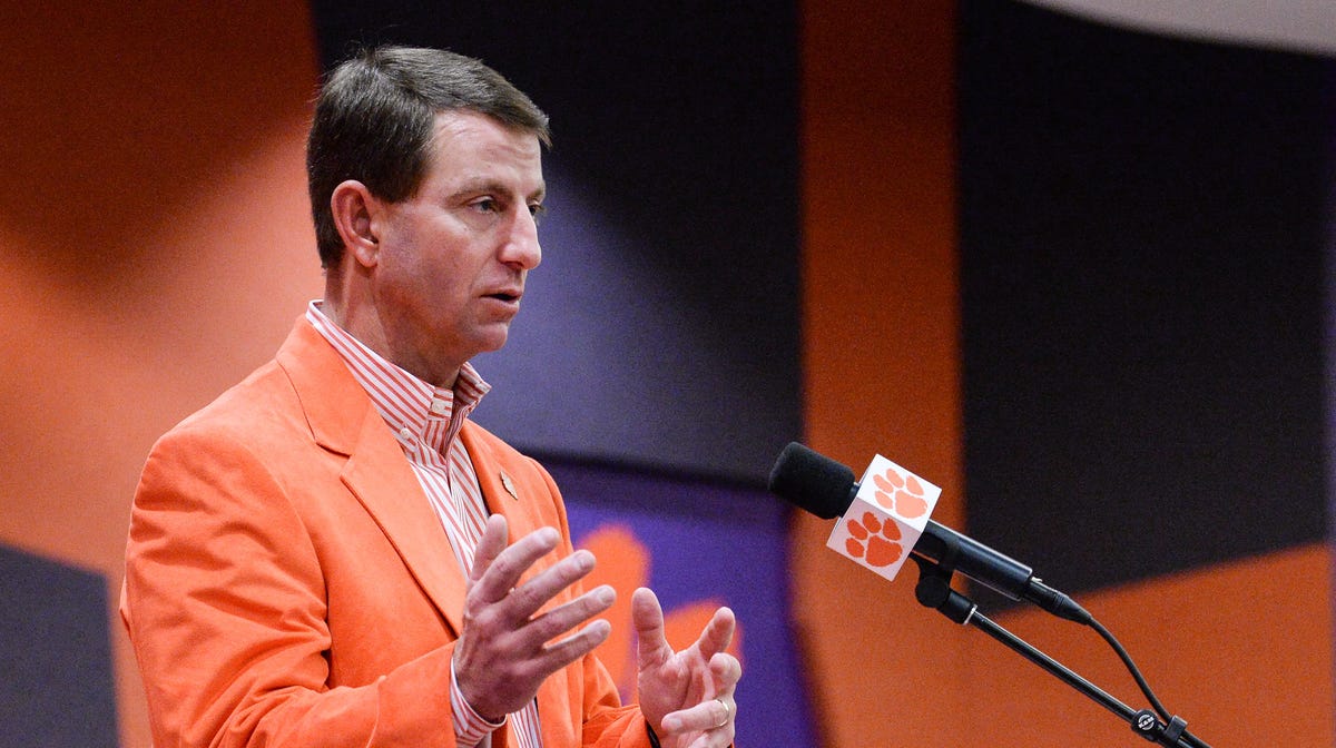 Clemson Head Coach Dabo Swinney talks during a press conference in the West End Zone for early signing day, in Clemson Wednesday. 