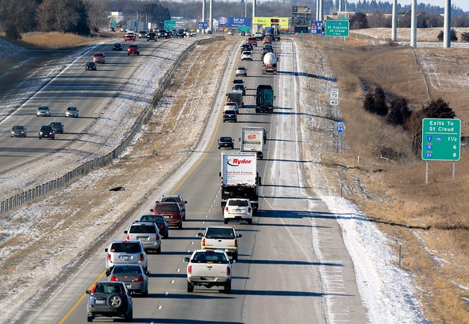 Traffic moves along Interstate 94 in 2016, near St. Cloud.