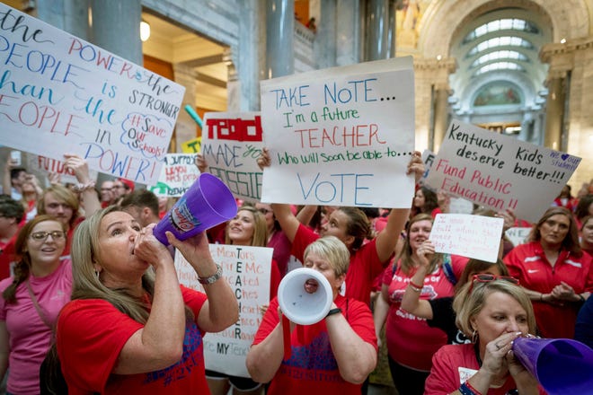 April 13, 2018: Teachers from across Kentucky gather inside the state Capitol to rally for increased funding for education in Frankfort, Ky.