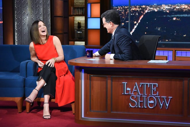 "I ate it several times," Bullock told Colbert, recounting what it was like to spend most of the "Bird Box" shoot blindfolded.