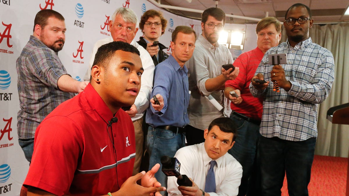 Tua Tagovailoa speaks to the media during a news conference announcing the 2017 recruiting class for Alabama.