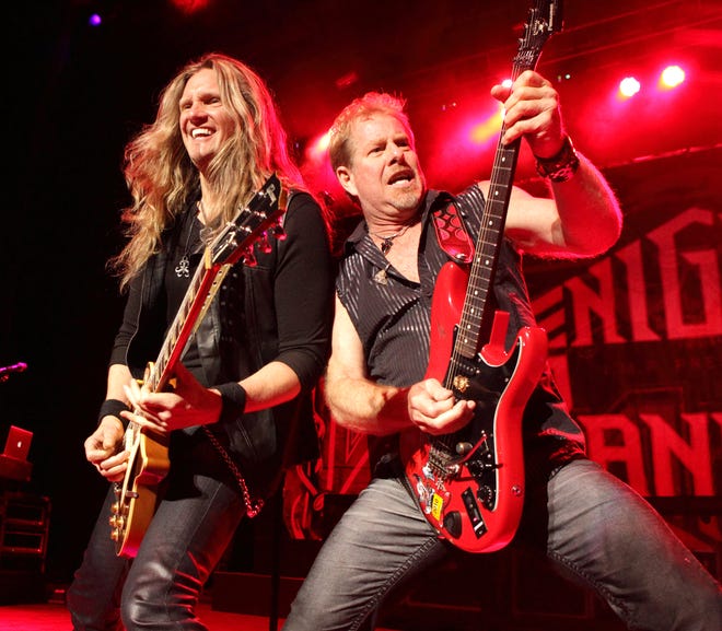 Owen Sweeney/Invision/AP
Joel Hoekstra and Brad Gillis of the rock band Night Ranger perform April 26, 2014, in Columbia, Maryland. Joel Hoekstra and Brad Gillis of the rock band Night Ranger perform in concert during the M3 Rock Fest at Merriweather Post Pavilion on Saturday, April 26, 2014, in Columbia, Md. (Photo by Owen Sweeney/Invision/AP)