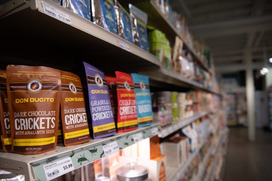 Edible crickets – in a variety of flavors – are on display at Mom's Organic Market in Rockville, MD.