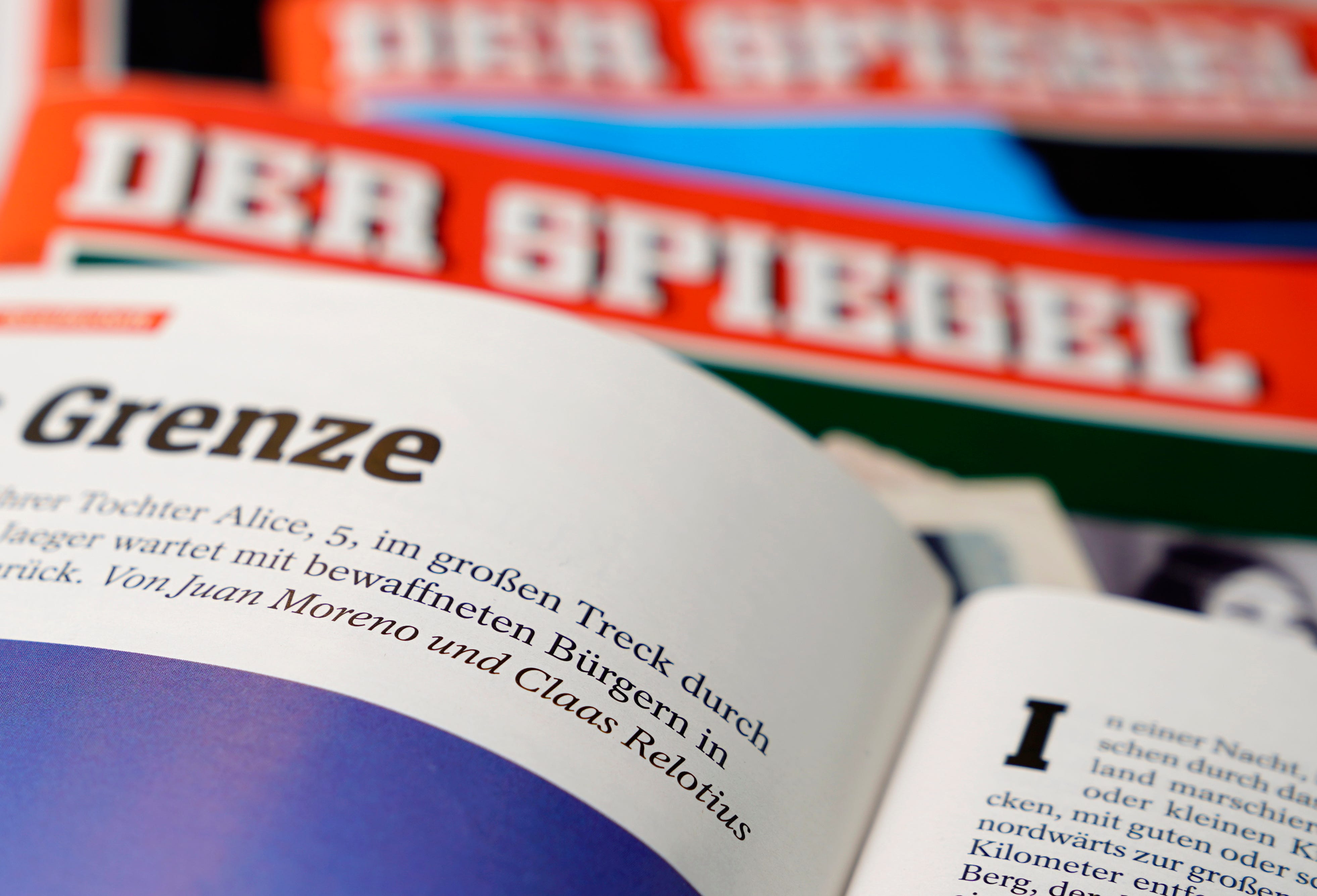 An illustrative picture shows the article 'Jaegers Grenze' (Hunters' Border) by Juan Moreno and Claas Relotius in the German magazine 'Der Spiegel' (issue No. 47 from 17 November 2018) in Berlin, Germany, 19 December 2017. German weekly magazine 'Der Spiegel' announced on 19 December 2018 that their writer Claas Relotius faked a number of stories in the past years. This was uncovered by his colleague Juan Moreno after he worked together with   Relotius on the story 'Jaegers Grenze'.