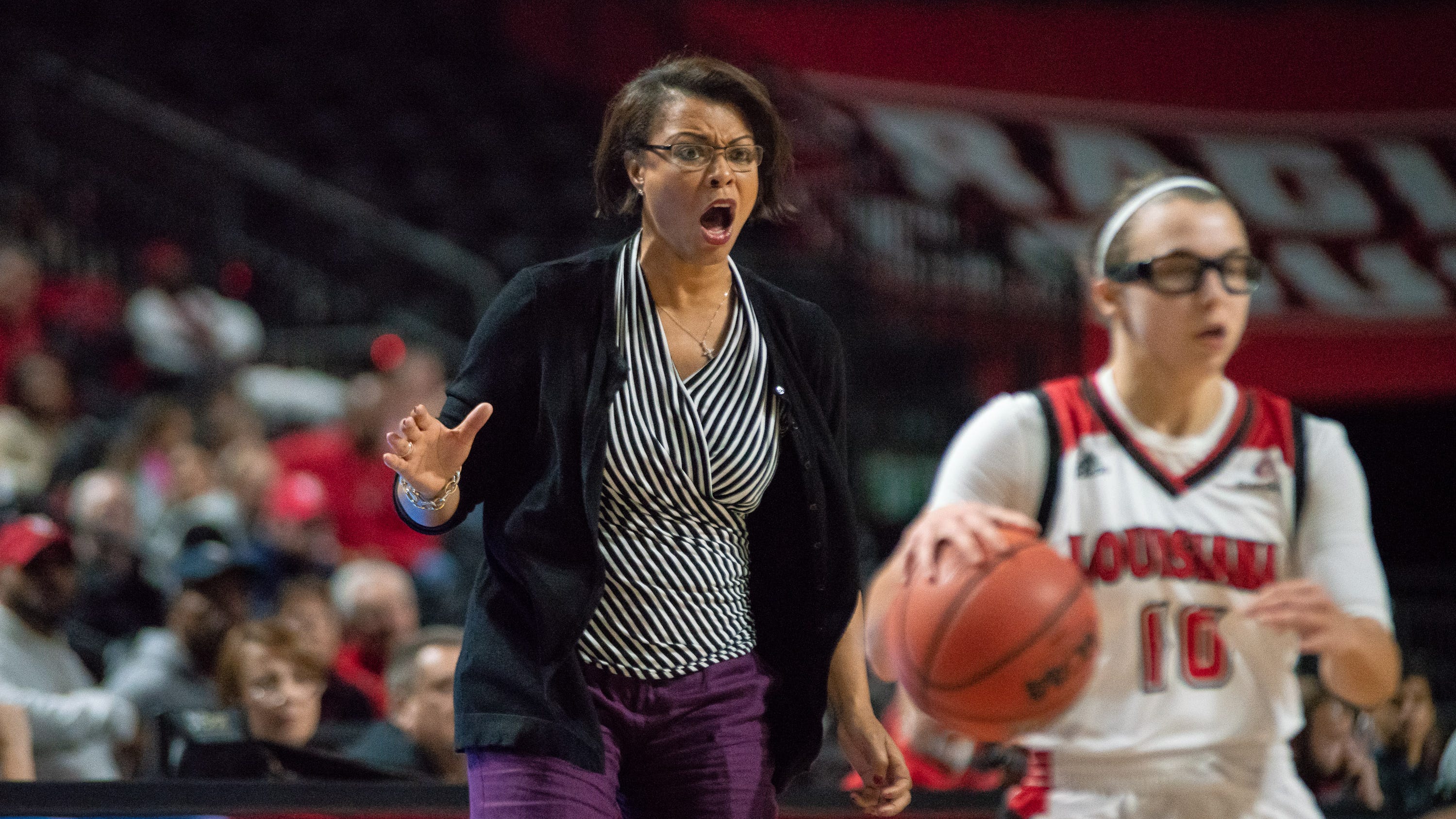 LSU women's basketball coach Nikki Fargas talking with Las Vegas, WNBA