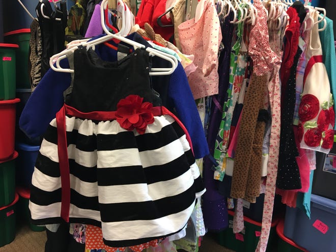 Donated dresses hang inside the Delaware County Foster Closet, housed at New Life Presbyterian Church in Yorktown.