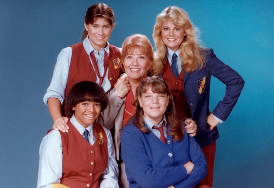 In "The Facts of Life," Mrs. Garrett (Charlotte Rae, center) kept watch over her young charges, played by Nancy McKeon (clockwise from top left), Lisa Whelchel, Mindy Cohn and Kim Fields.