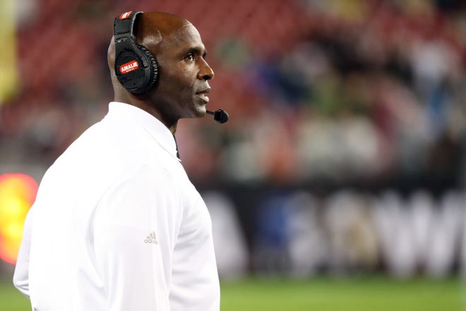 South Florida Bulls coach Charlie Strong looks on against the Marshall Thundering Herd during the second quarter in the 2018 Gasparilla Bowl.