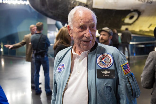 Apollo 15 astronaut Al Worden speaks with attendees during an Apollo 8 celebration at the Kennedy Space Center Visitor Complex in December 2018.