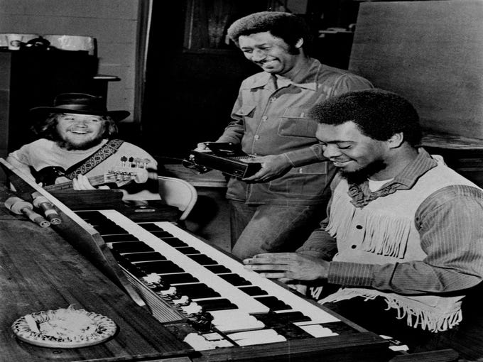 Three members of Booker T. and the MGs (left to right) Duck Dunn, Al Jackson and Booker T. Jones at STAX in a photograph dated Jan. 21, 1970. Fourth member, Steve Cropper, was in New York, producing a group, the Dramatics, for Paramount, and was expected back in a day or two. The group was to tape a television show the following Saturday with Creedence Clearwater Revival and leave Feb. 17 for a tour of Europe.