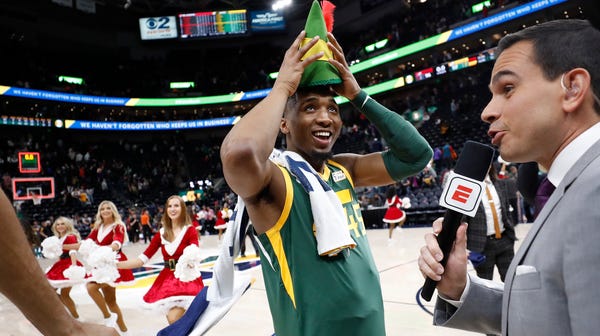 Utah Jazz guard Donovan Mitchell (45) reacts...