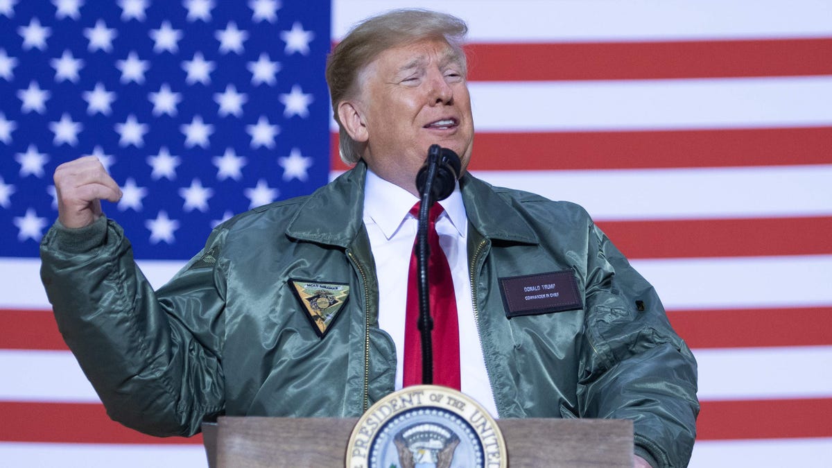 President Donald Trump speaks to members of the military during an unannounced trip to Al Asad Air Base in Iraq, Dec.26, 2018.