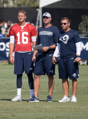 Los Angeles Rams quarterback Jared Goff (16), quarterbacks coach Zac Taylor (center) and coach Sean McVay react during training camp at UC Irvine. The Bengals requested an interview with Taylor on Monday.