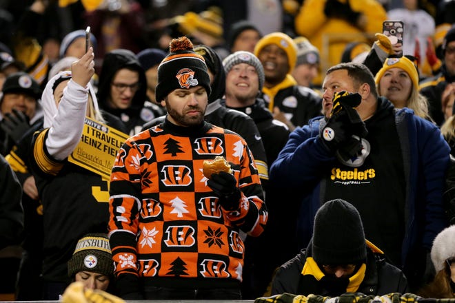 A Cincinnati Bengals fans looks at his hamburger after Pittsburgh Steelers wide receiver JuJu Smith-Schuster (19) scored a touchdown in the third quarter of a Week 17 NFL football game, Sunday, Dec. 30, 2018, at Heinz Field in Pittsburgh. The Cincinnati Bengals lead 10-3 at halftime. The Pittsburgh Steelers won 16-13. 