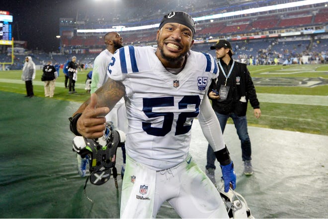Indianapolis Colts linebacker Najee Goode (52) leaves the field after the game.