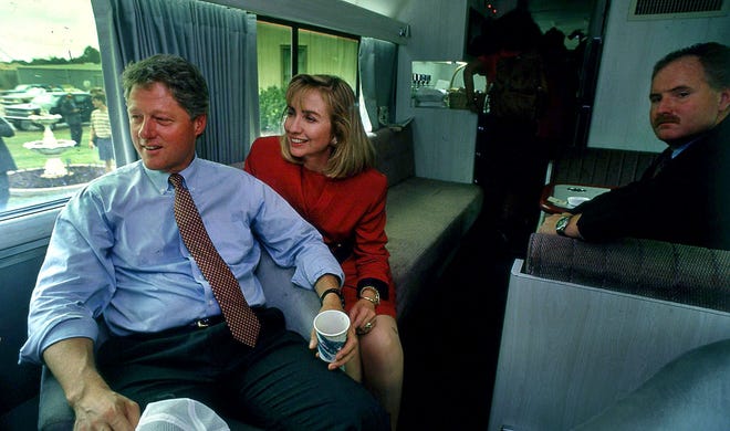 Bill Clinton, and Hillary, during a campaign bus trip through South Georgia near Valdosta Sept. 24, 1992. 