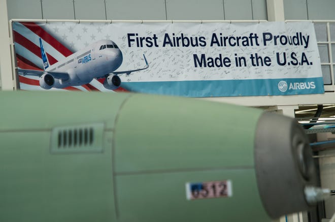 A sign during the inauguration of Airbus' first US manufacturing facility in Mobile, Alabama, on September 14, 2015.