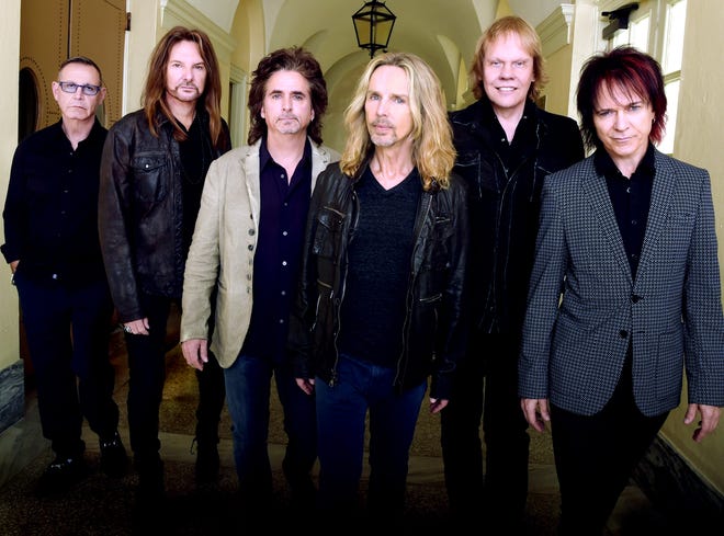 Chuck Panozzo, Ricky Phillips, Todd Sucherman, Tommy Shaw, James "J.Y." Young and Lawrence Gowan. Portrait shoot at Macon City Auditorium on October 4, 2014 in Macon, Georgia.